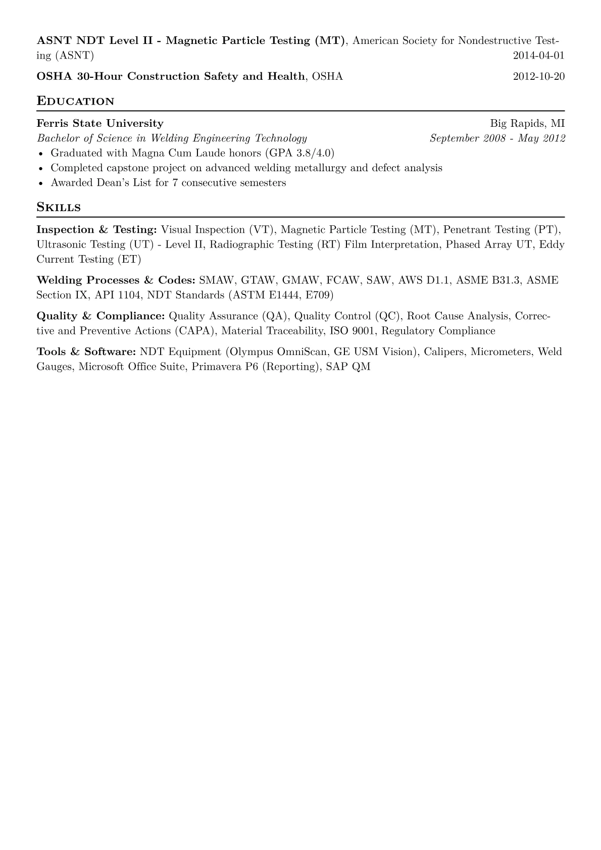 Weld Inspector Resume Example CV template - Page 2
