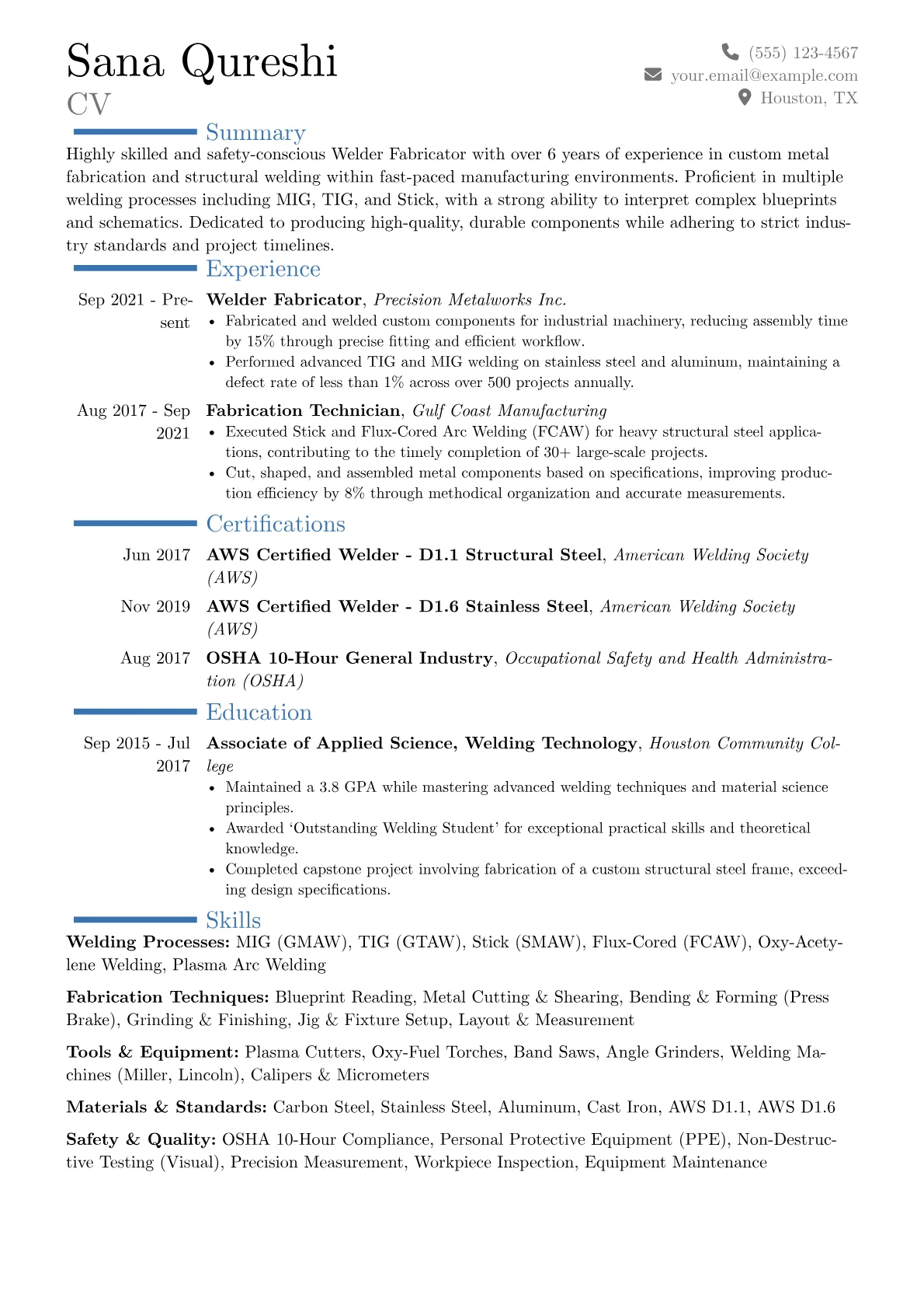 Welder Fabricator Resume Example CV template - Page 1