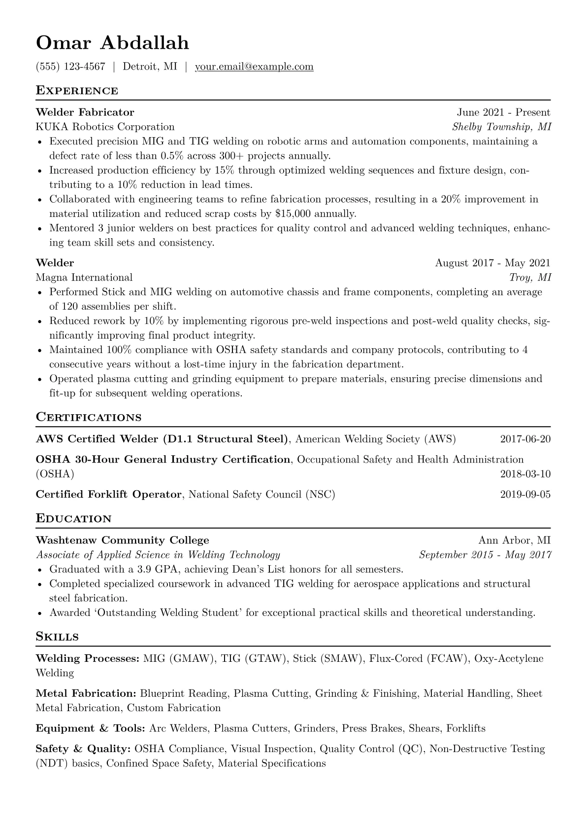 Welder Resume Example CV template - Page 1
