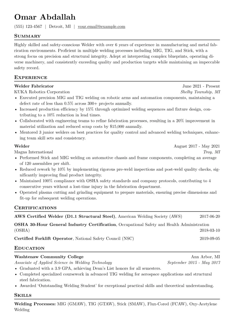 Welder Resume Example CV template preview