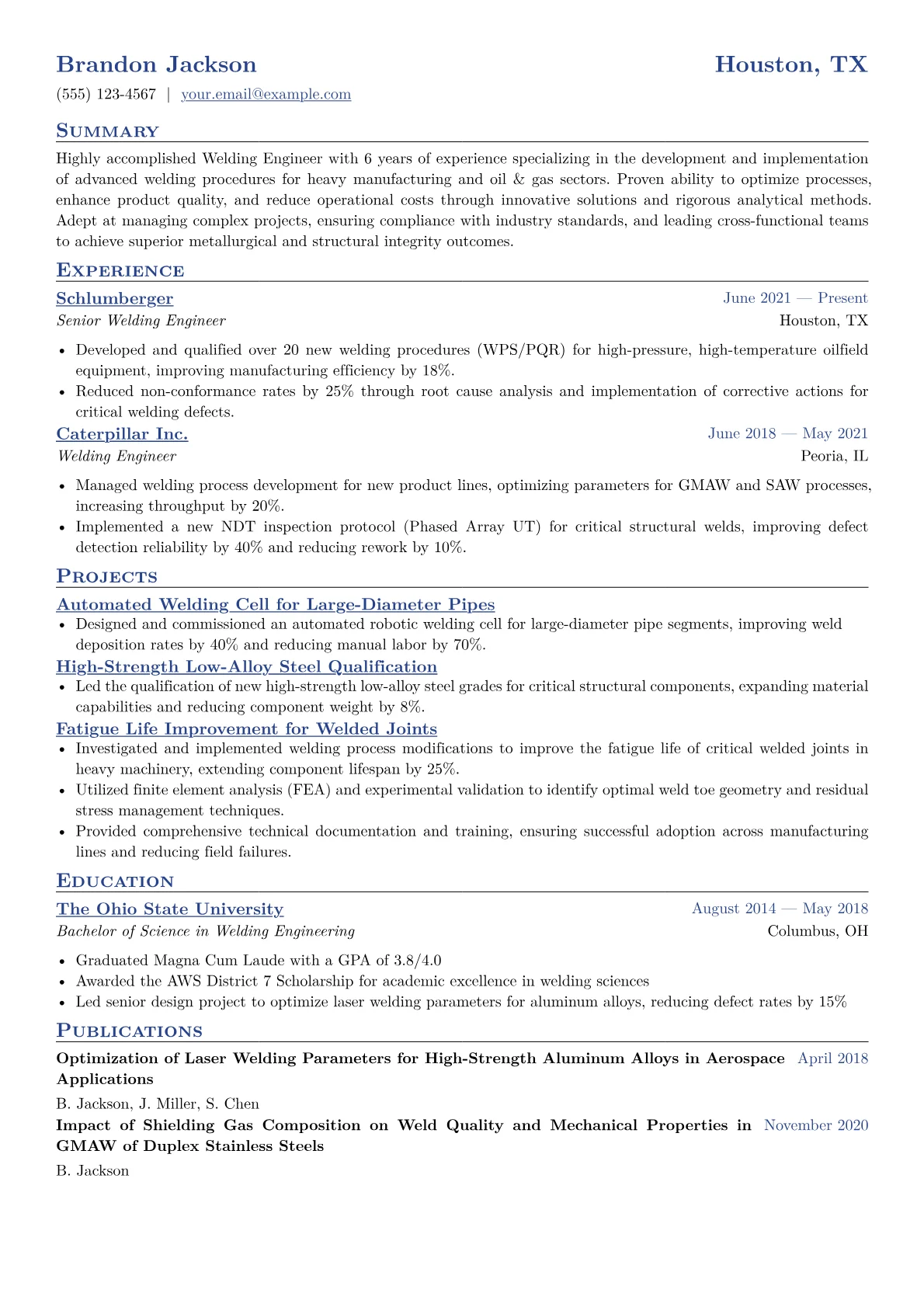 Welding Engineer Resume Example CV template - Page 1