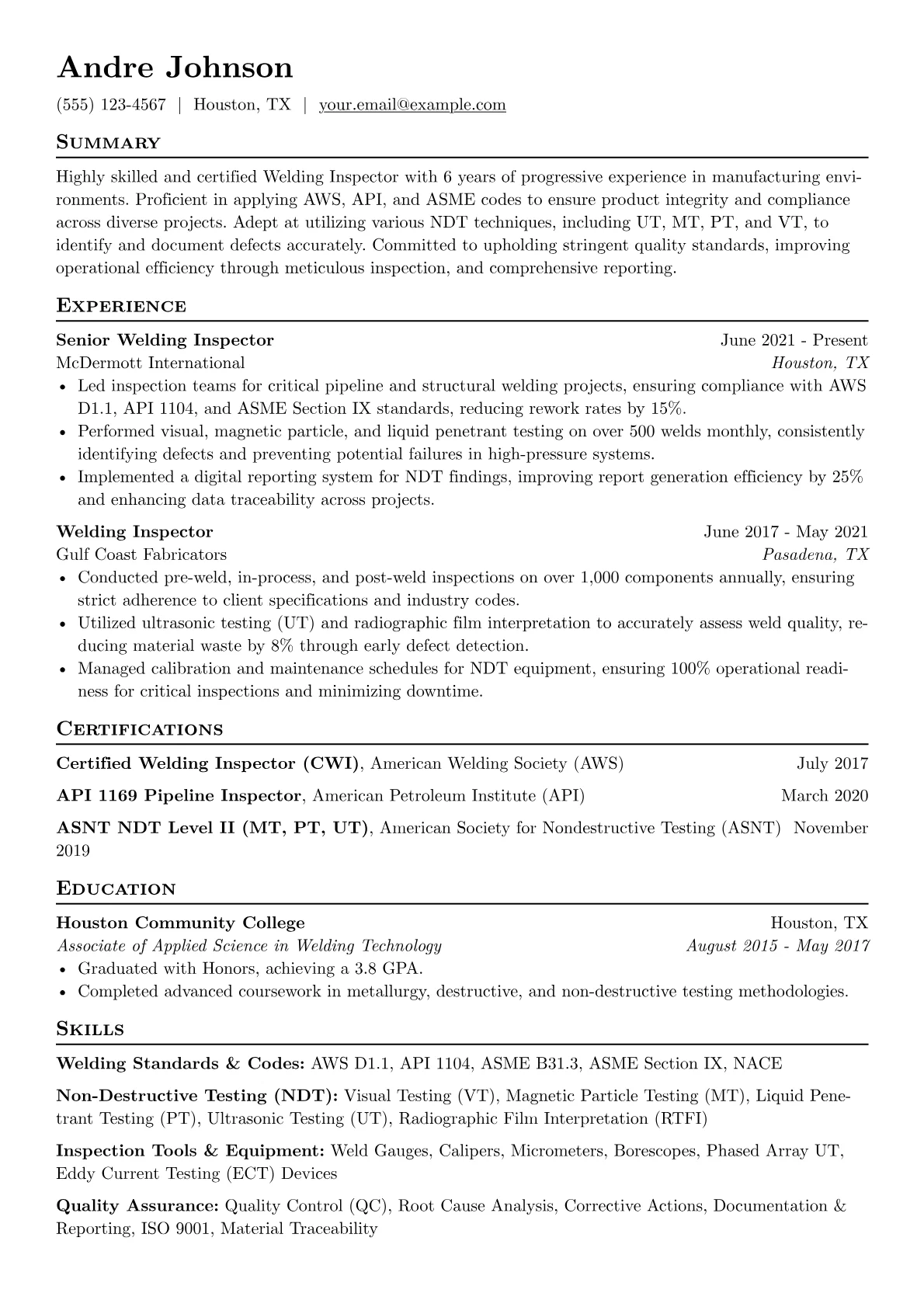 Welding Inspector Resume Example CV template - Page 1