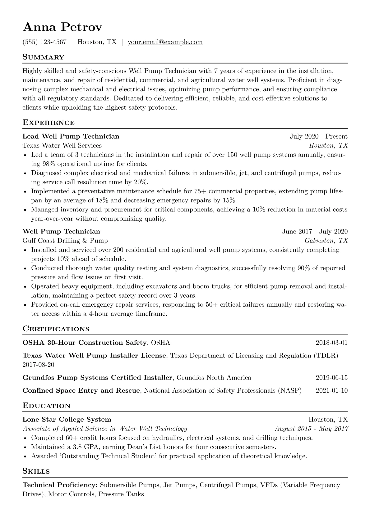 Well Pump Technician Resume Example CV template - Page 1