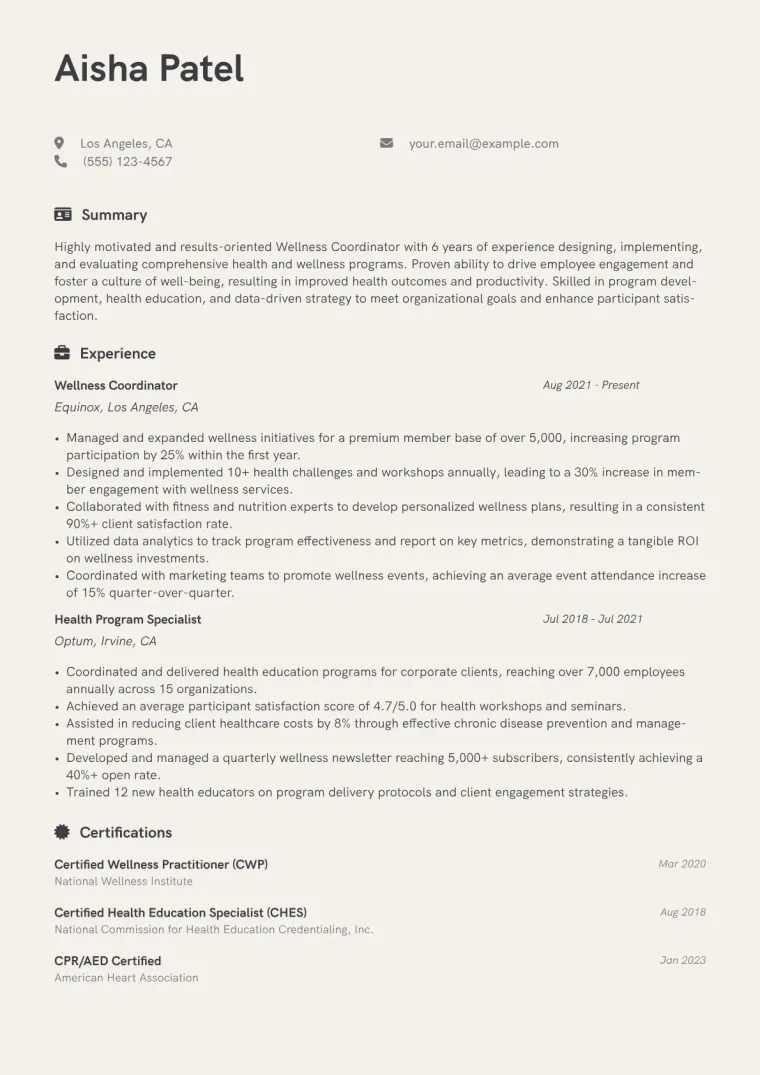 Wellness Coordinator Resume Example CV template preview