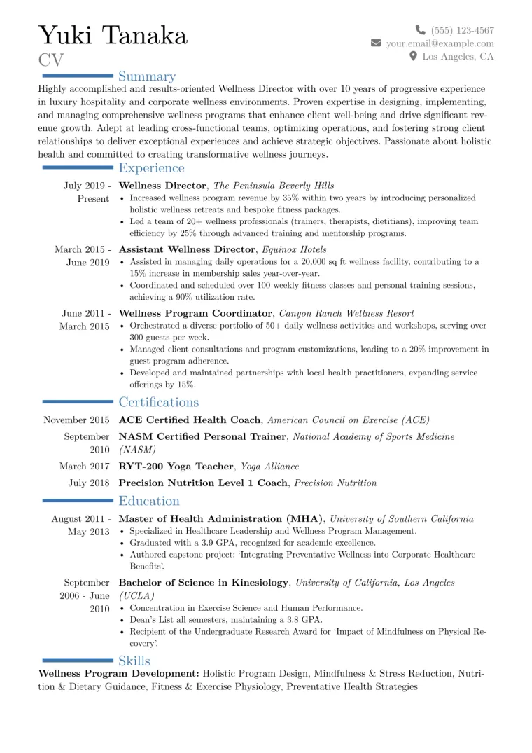 Wellness Director Resume Example CV template preview