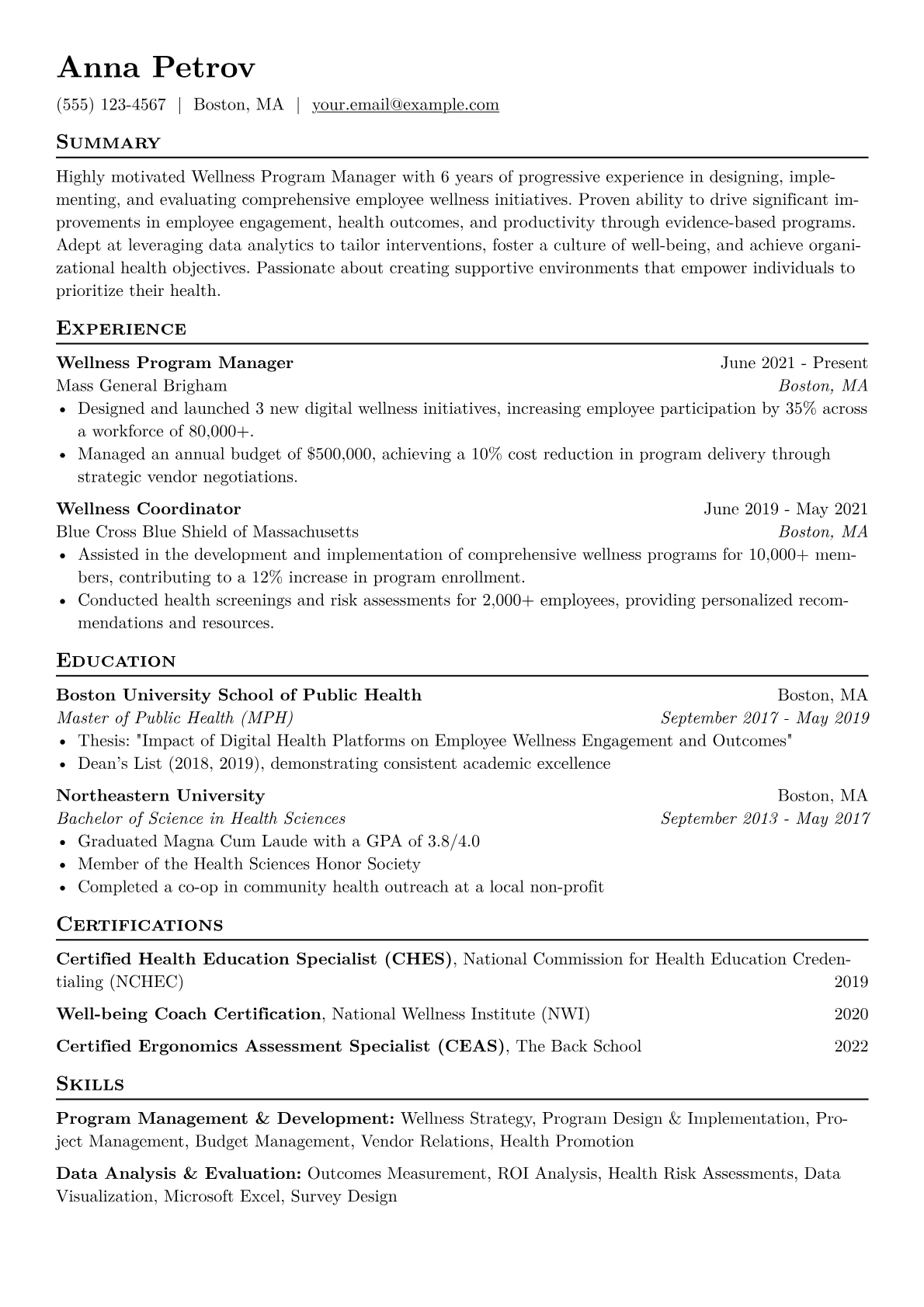 Wellness Program Manager Resume Example CV template - Page 1