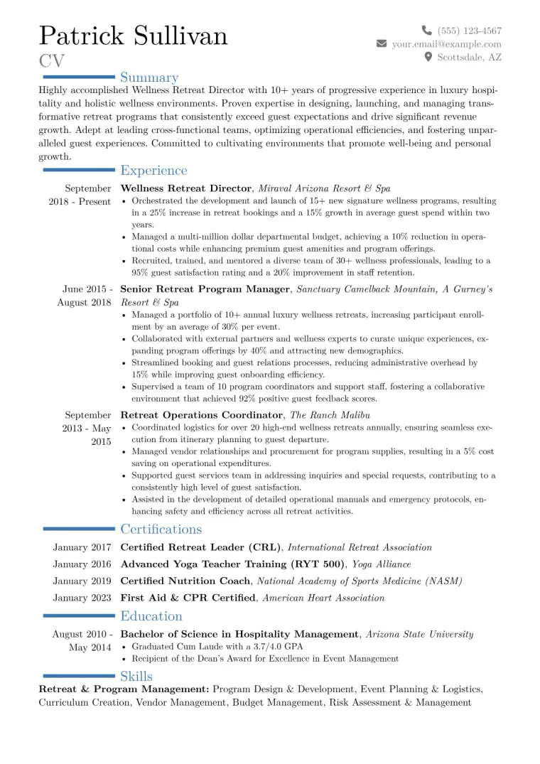 Wellness Retreat Director Resume Example CV template preview