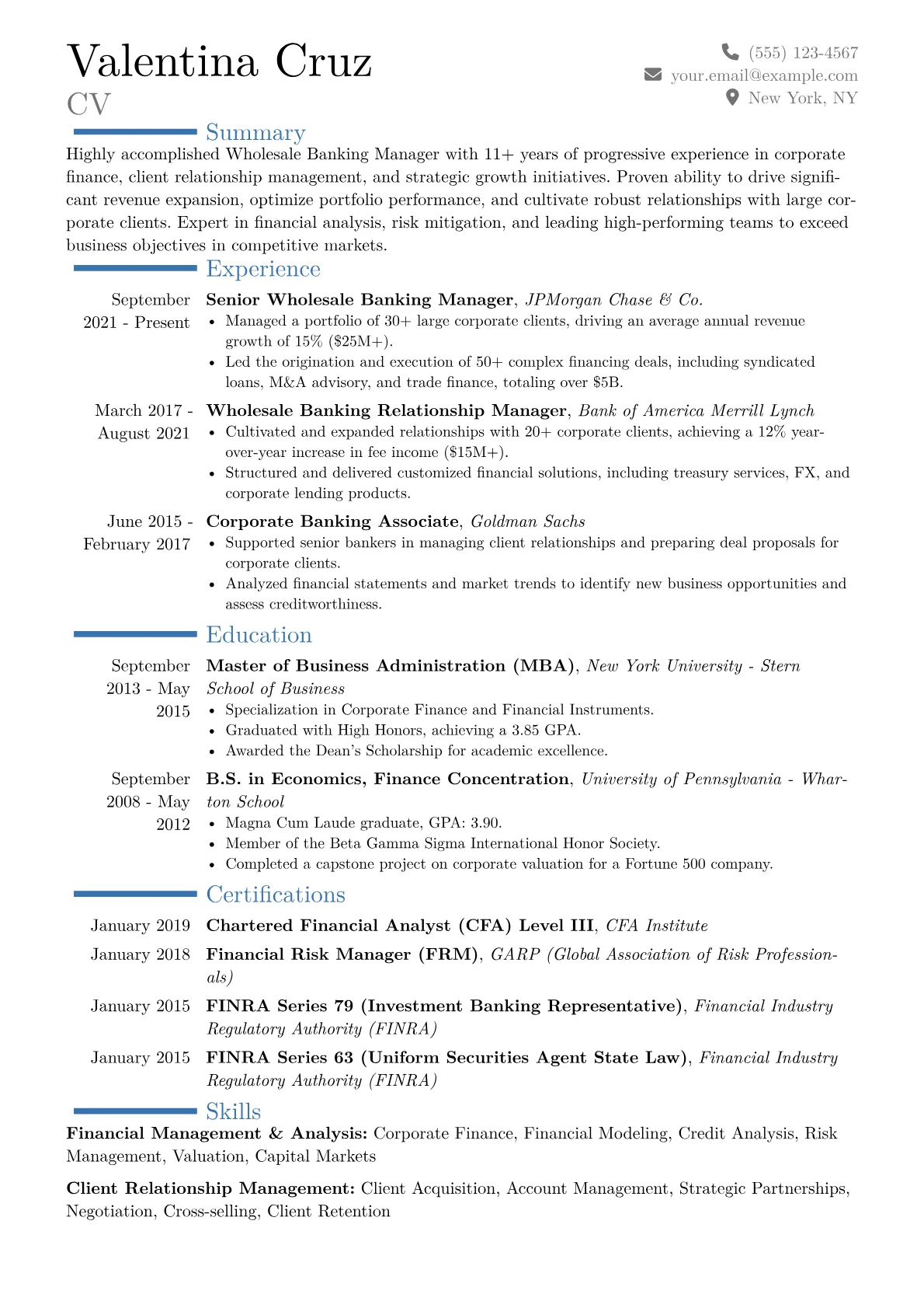 Wholesale Banking Manager Resume Example CV template - Page 1