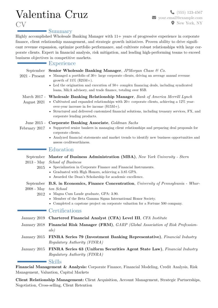 Wholesale Banking Manager Resume Example CV template preview