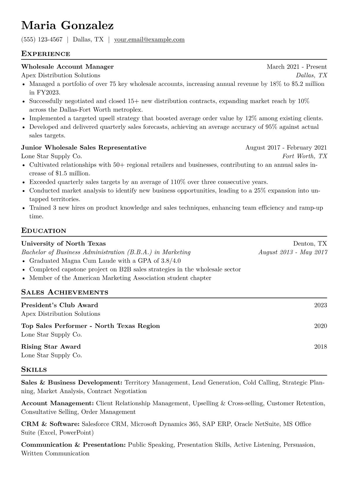 Wholesale Sales Representative Resume Example CV template - Page 1