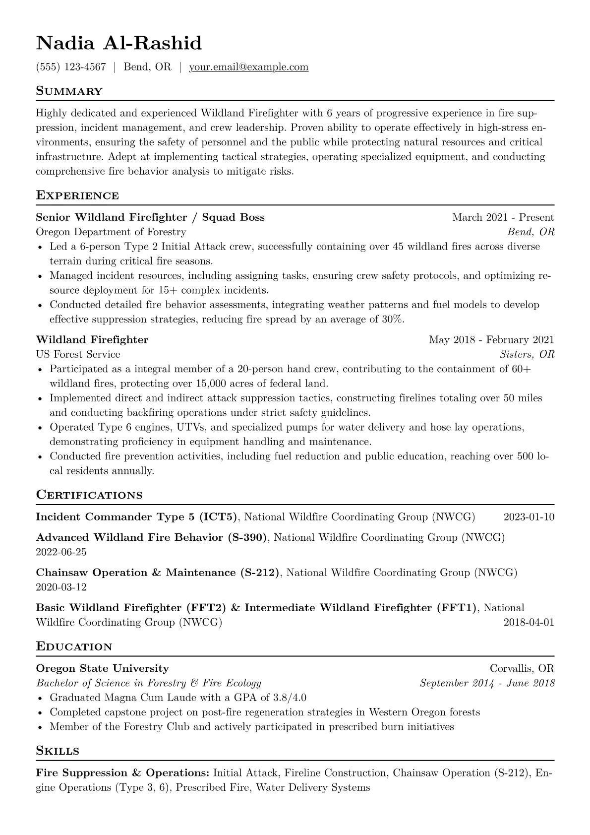 Wildland Firefighter Resume Example CV template - Page 1