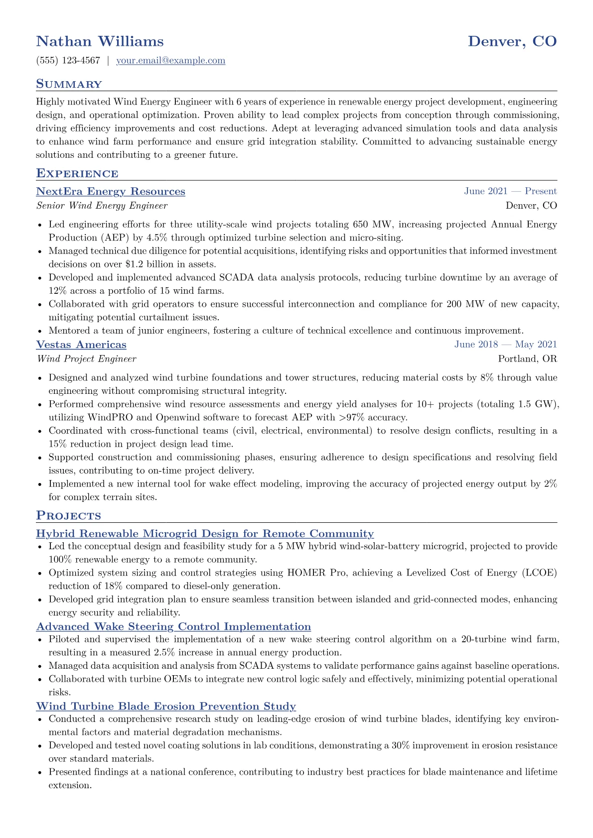 Wind Energy Engineer Resume Example CV template - Page 1