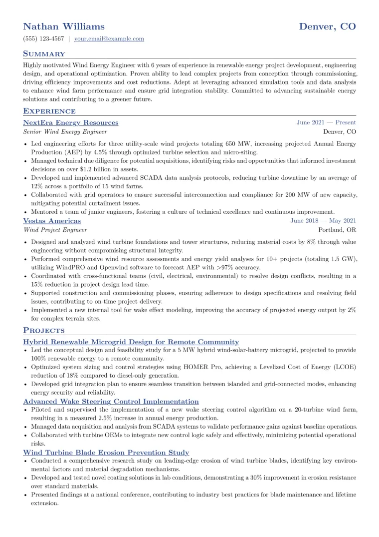 Wind Energy Engineer Resume Example CV template preview