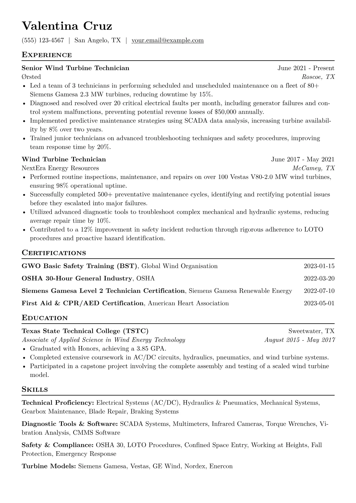 Wind Turbine Technician Resume Example CV template - Page 1