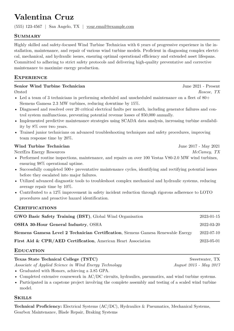 Wind Turbine Technician Resume Example