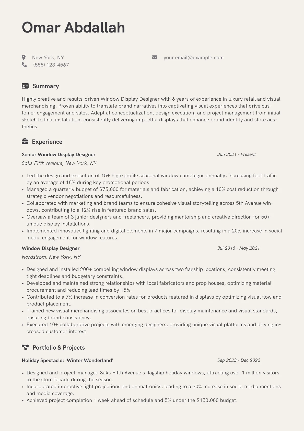 Window Display Designer Resume Example CV template - Page 1