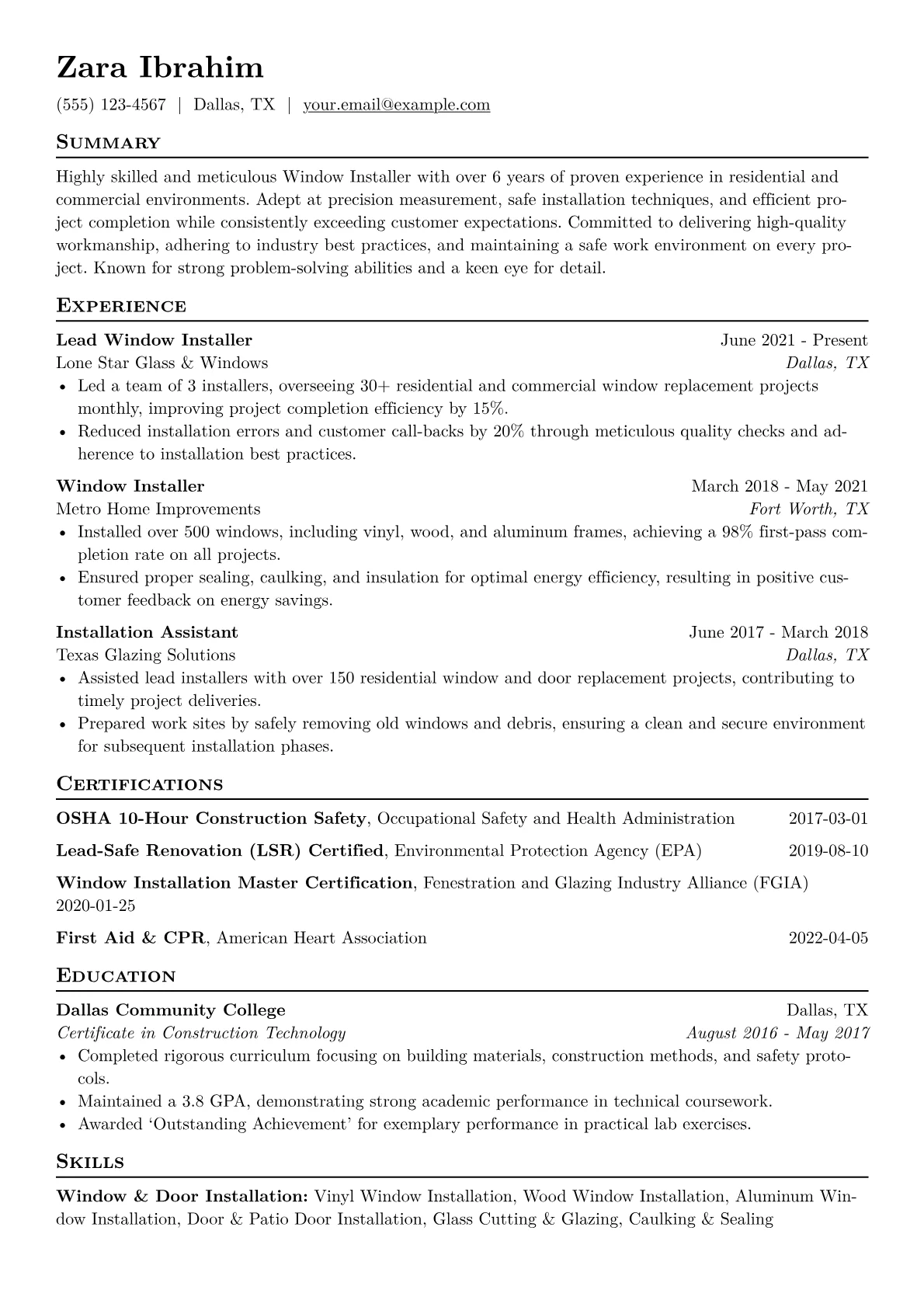 Window Installer Resume Example CV template - Page 1