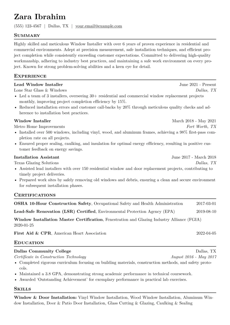 Window Installer Resume Example CV template preview