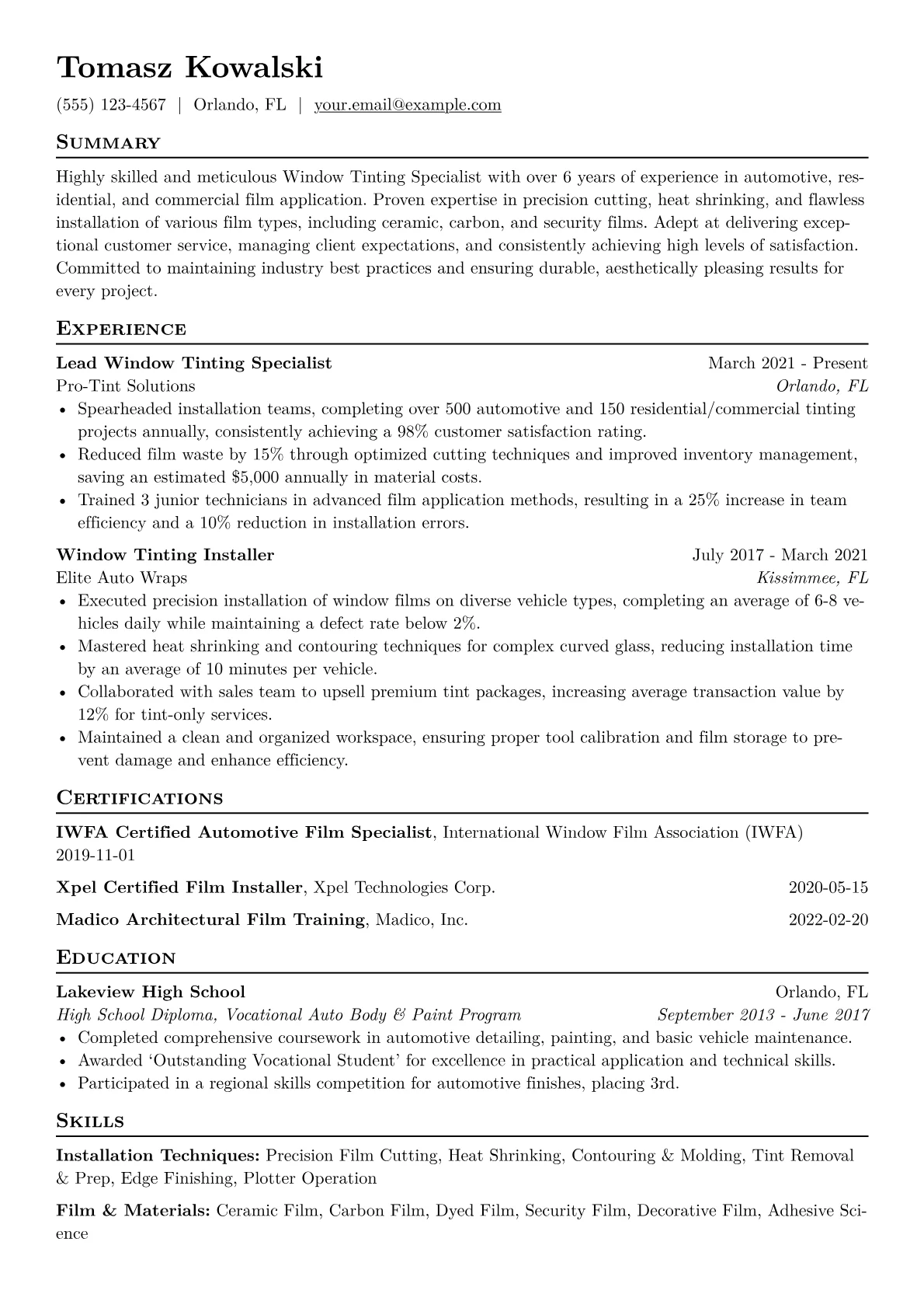 Window Tinting Specialist Resume Example CV template - Page 1