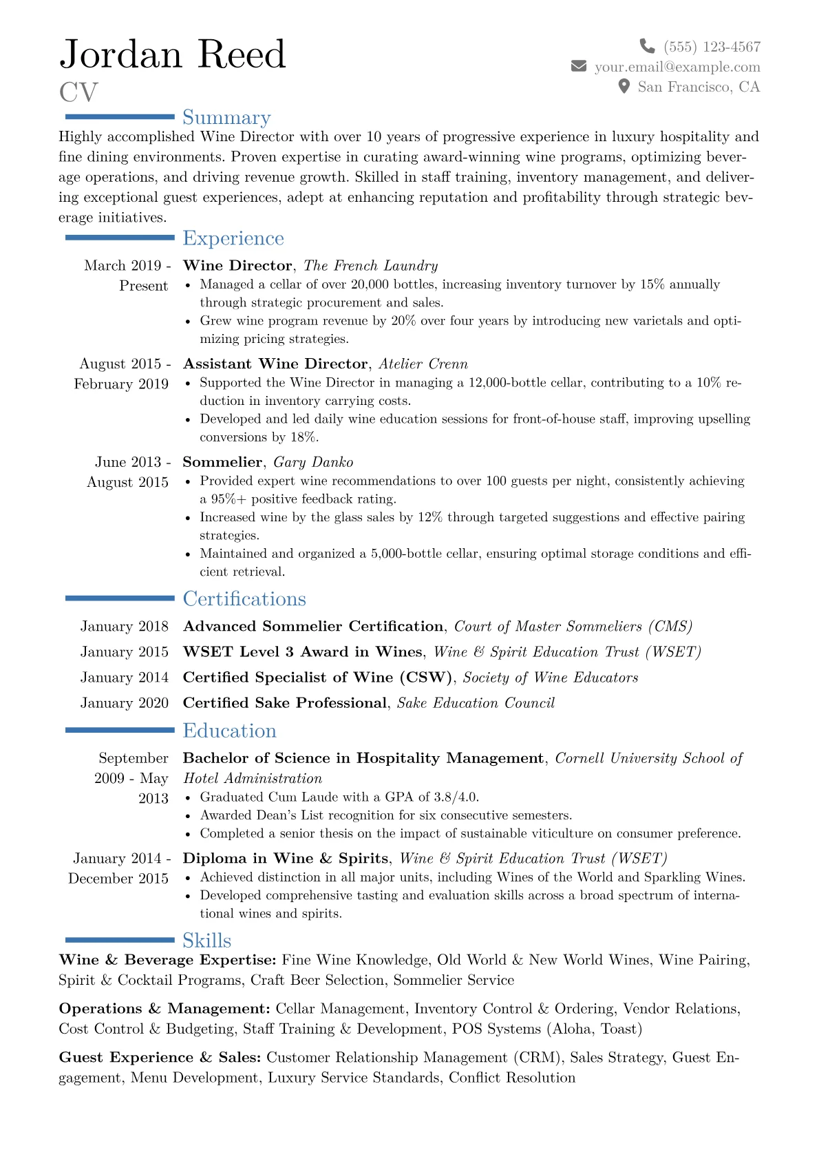 Wine Director Resume Example CV template - Page 1