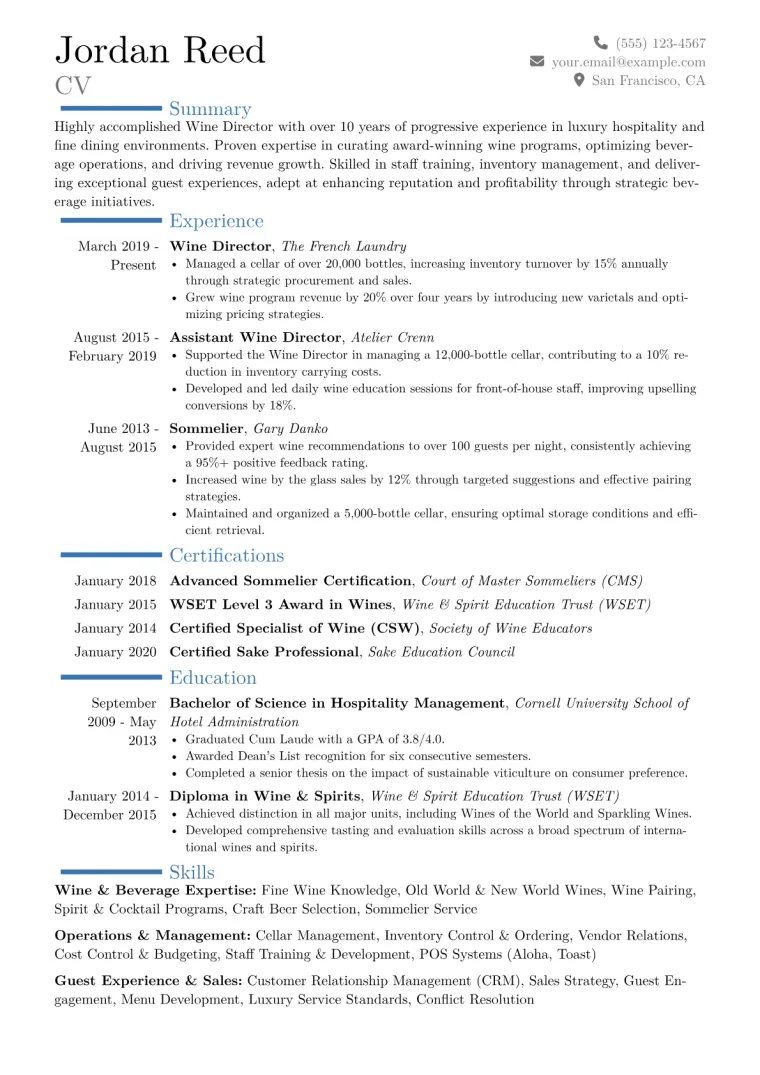 Wine Director Resume Example CV template preview