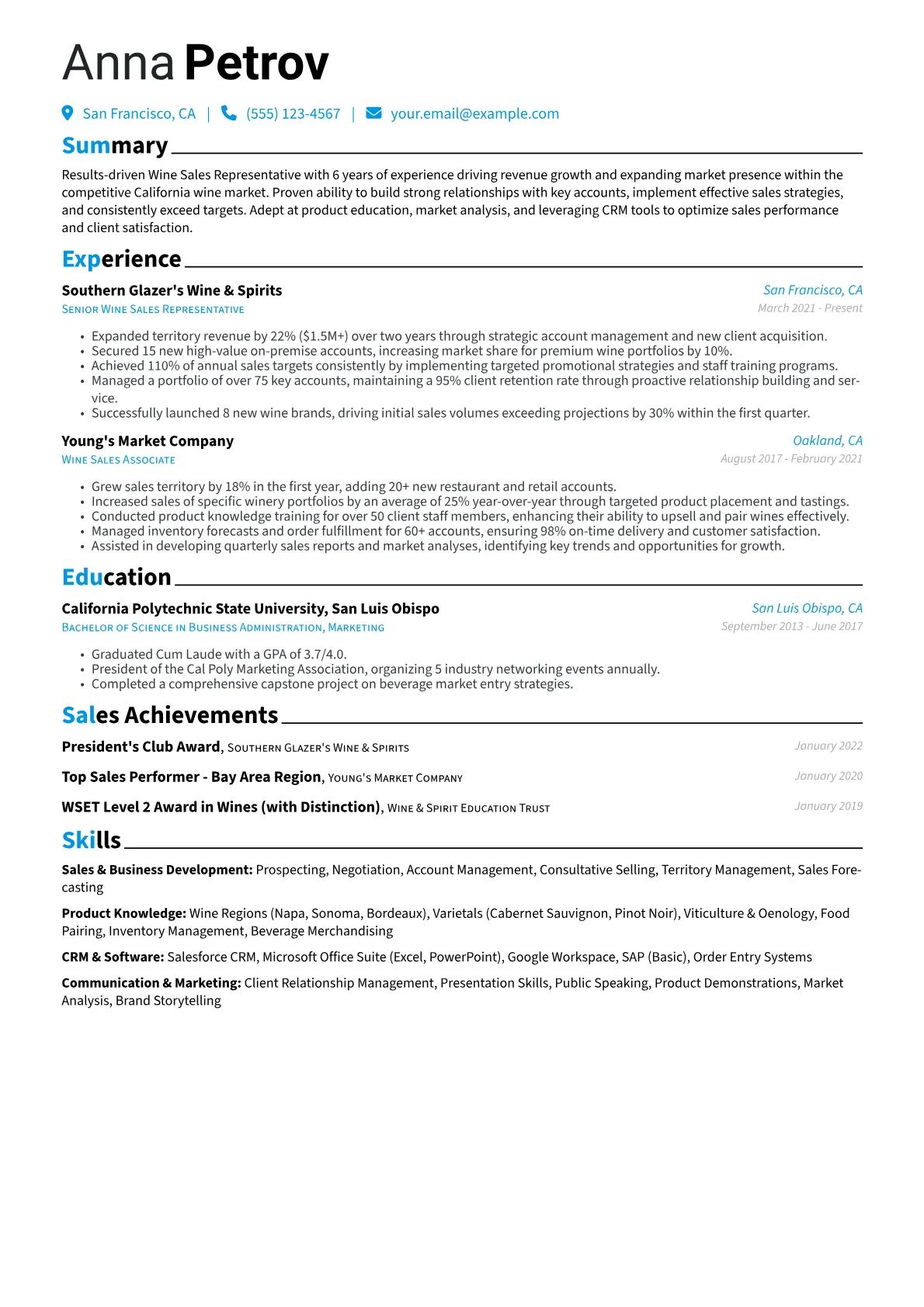 Wine Sales Representative Resume Example CV template - Page 1