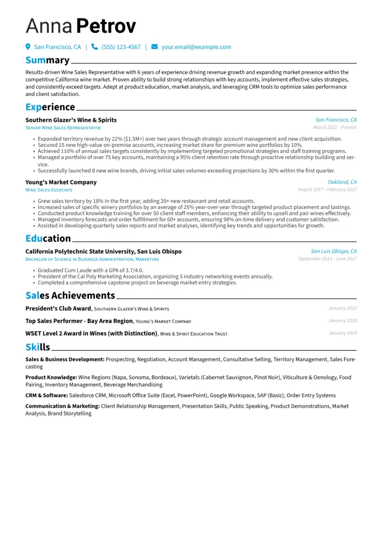 Wine Sales Representative Resume Example CV template preview