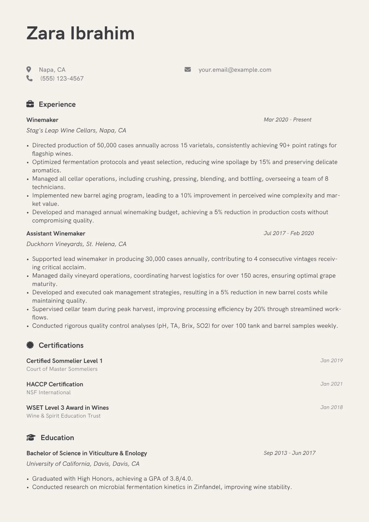 Winemaker Resume Example CV template - Page 1