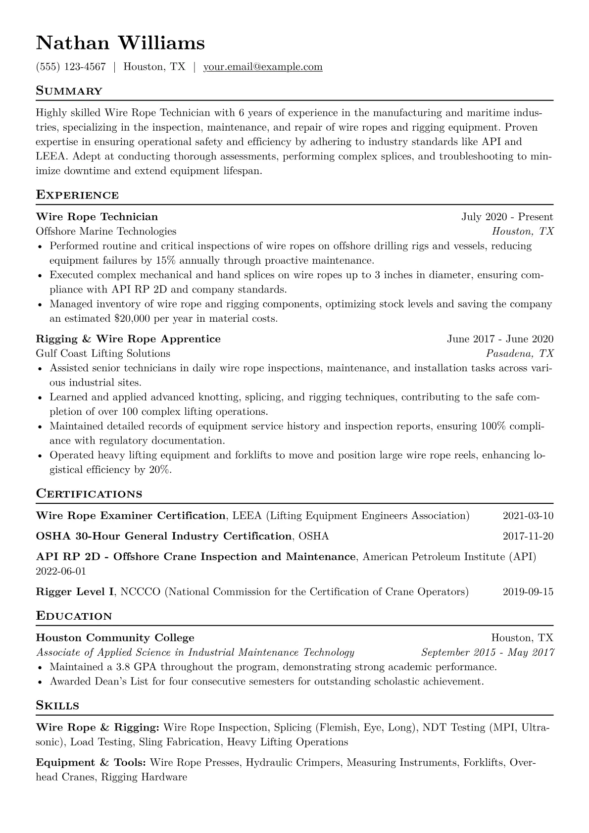 Wire Rope Technician Resume Example CV template - Page 1