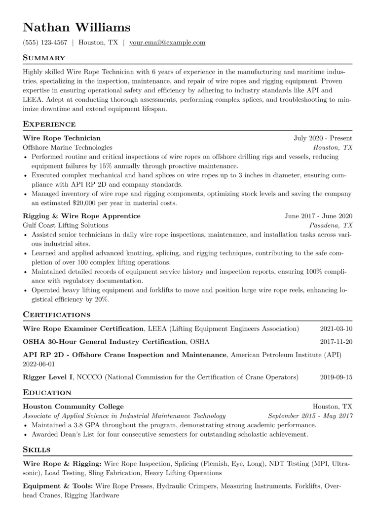 Wire Rope Technician Resume Example CV template preview