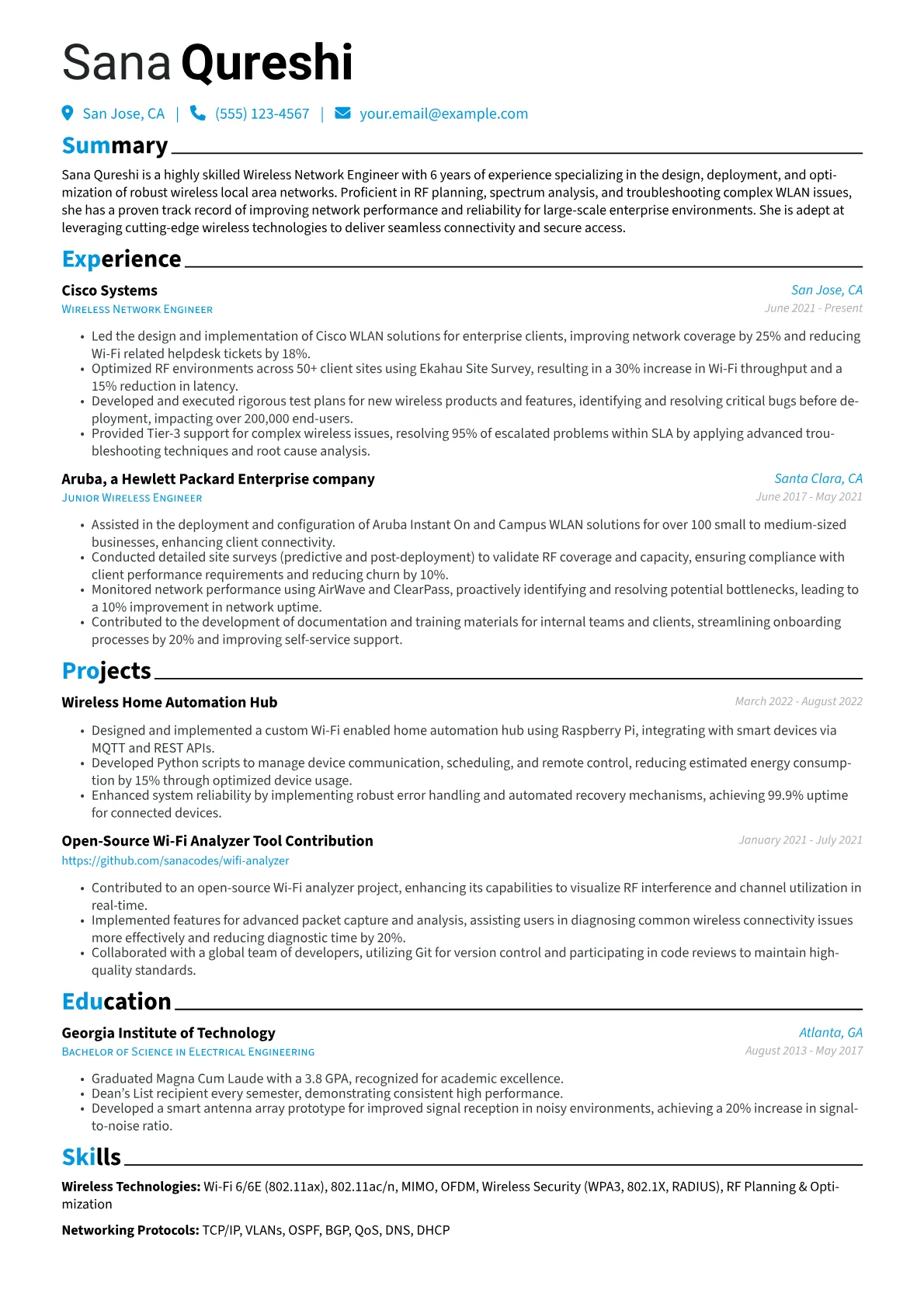 Wireless Network Engineer Resume Example CV template - Page 1