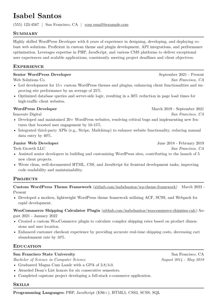 WordPress Developer Resume Example CV template preview