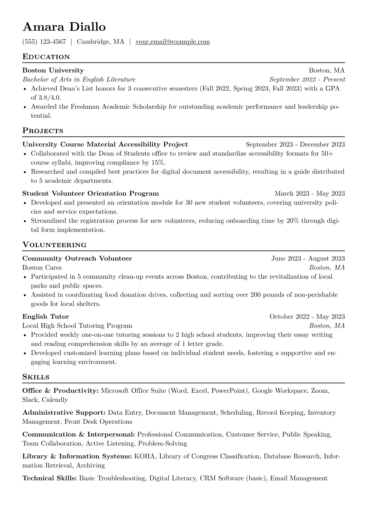 Work-Study Student Resume Example CV template - Page 1