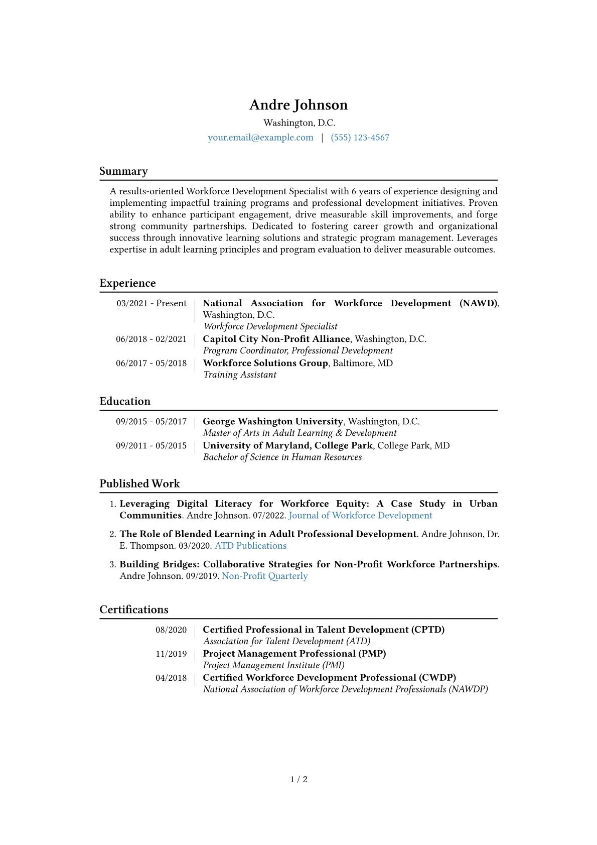 Workforce Development Specialist Resume Example CV template - Page 1