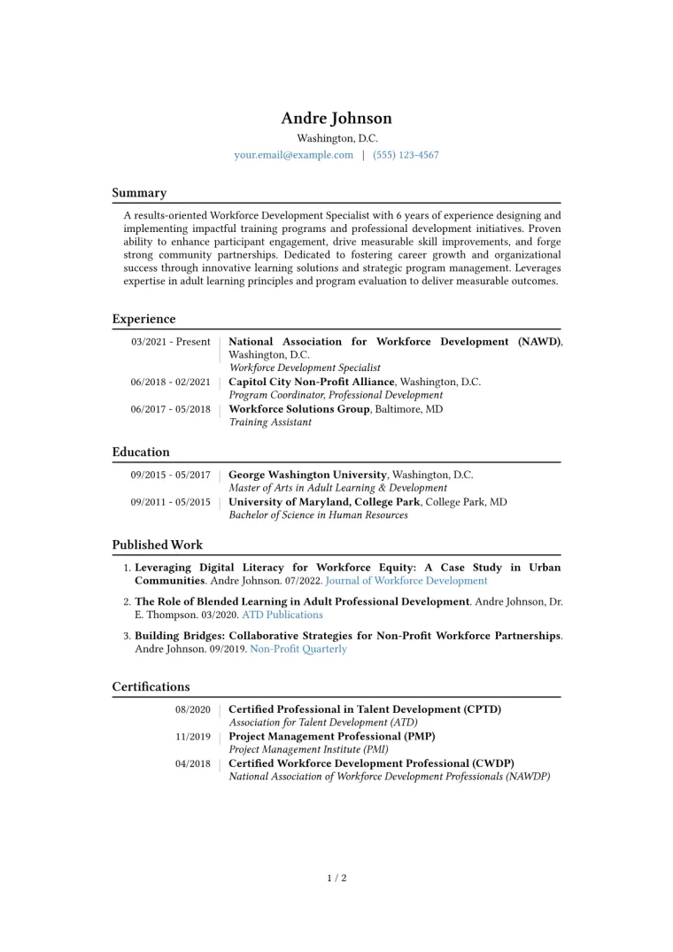 Workforce Development Specialist Resume Example CV template preview