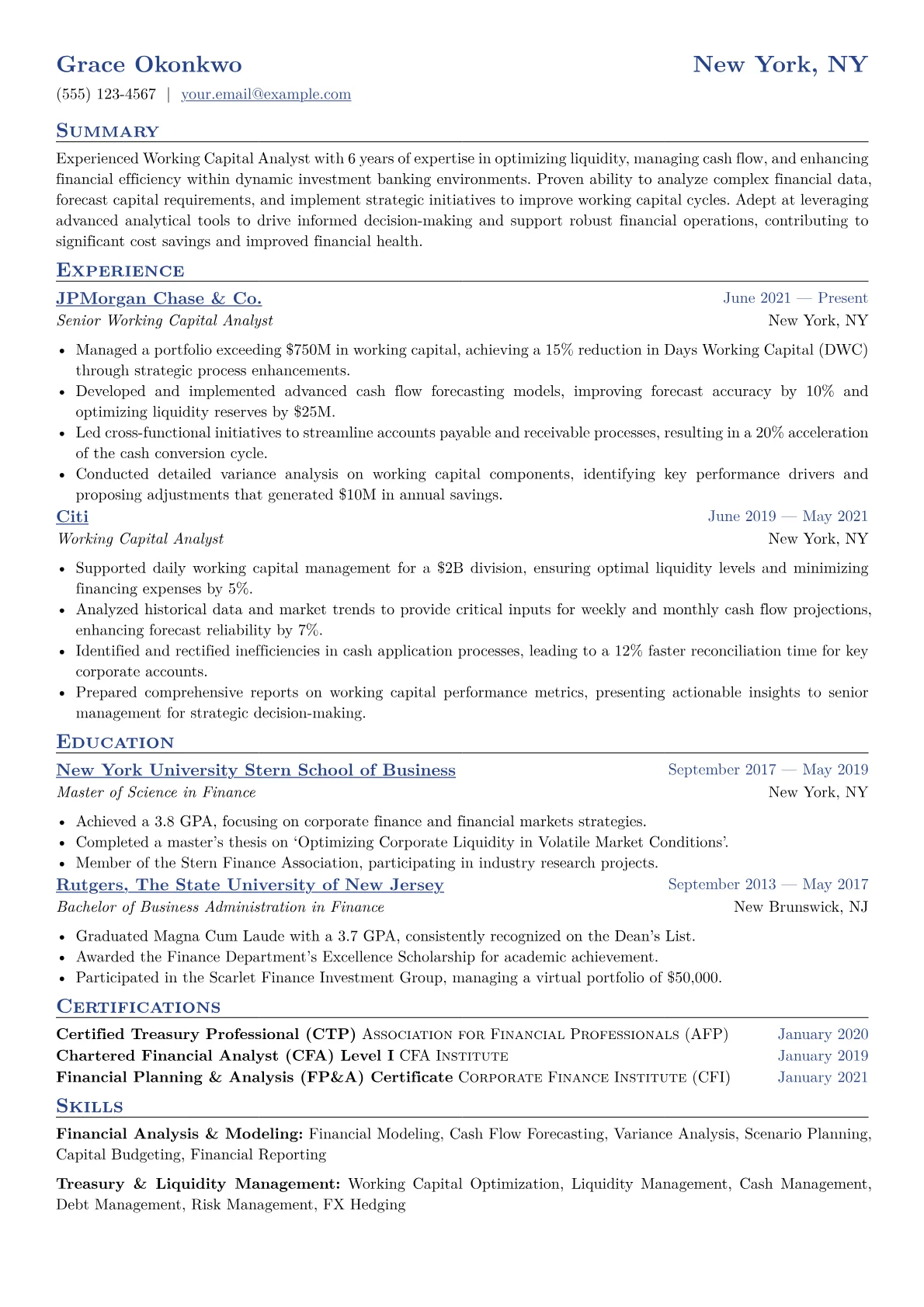 Working Capital Analyst Resume Example CV template - Page 1