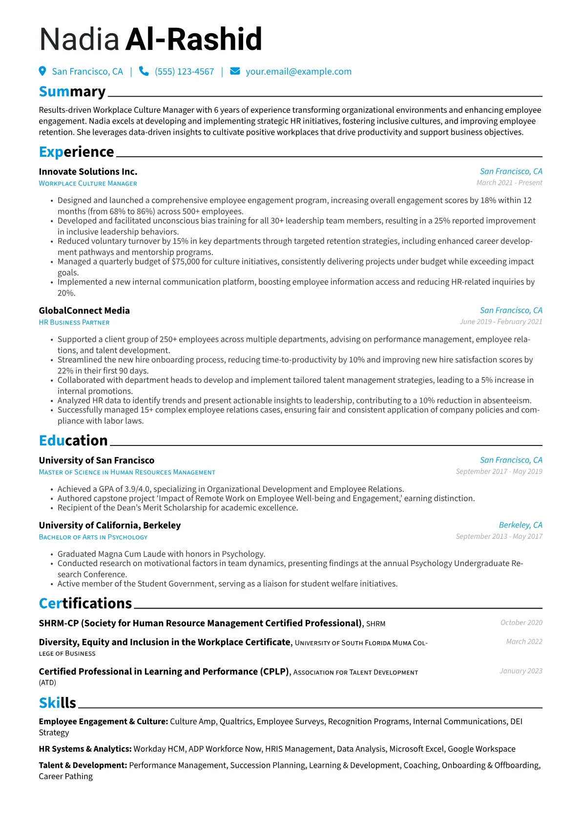 Workplace Culture Manager Resume Example CV template - Page 1