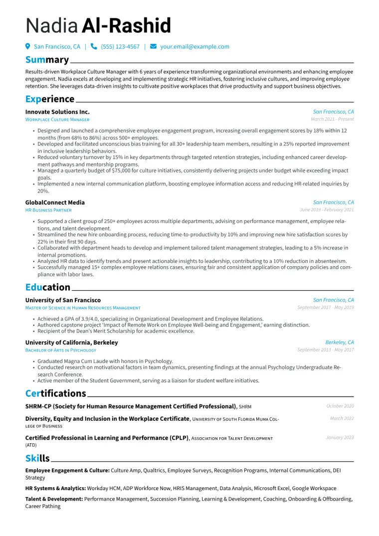 Workplace Culture Manager Resume Example CV template preview
