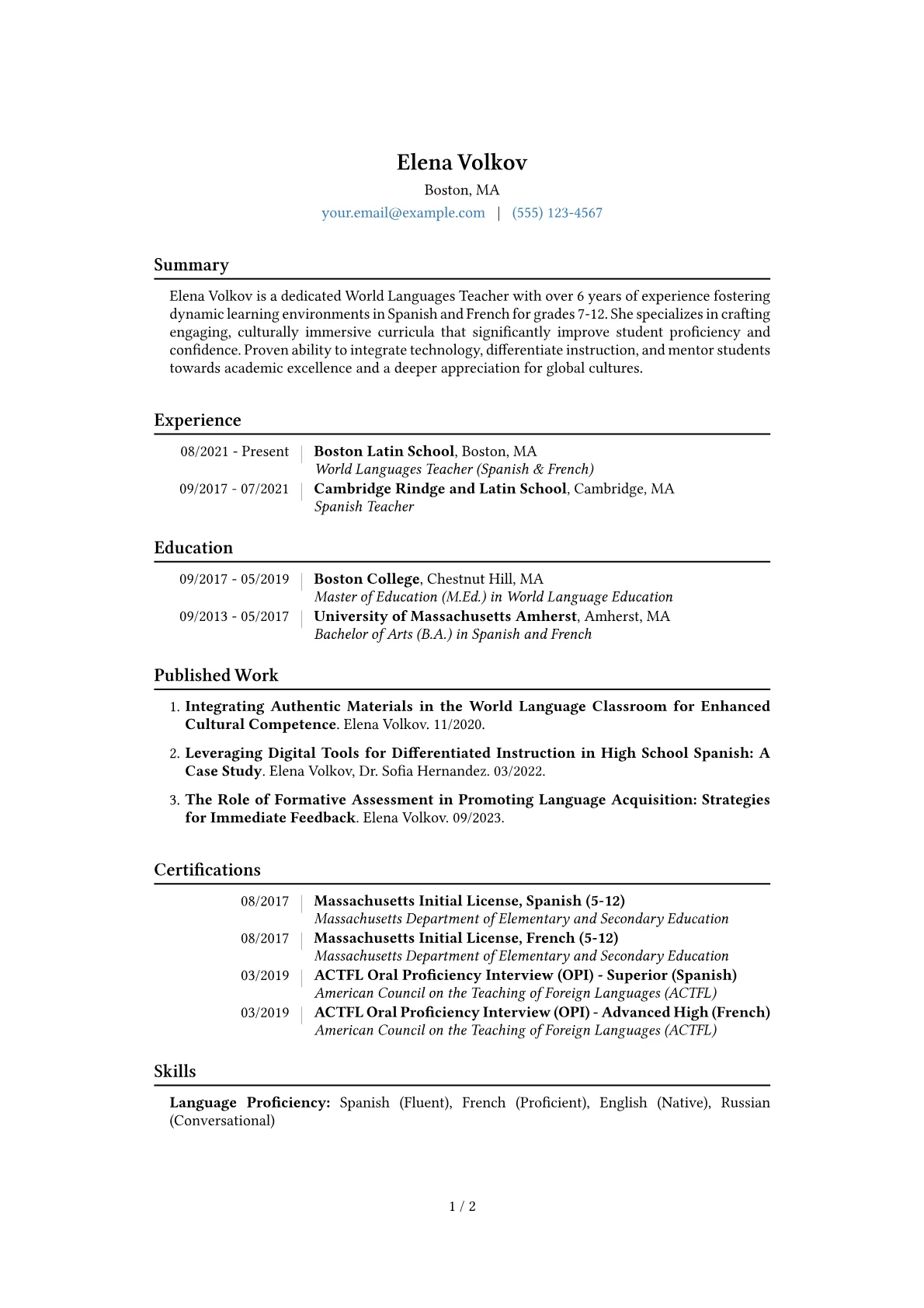 World Languages Teacher Resume Example CV template - Page 1