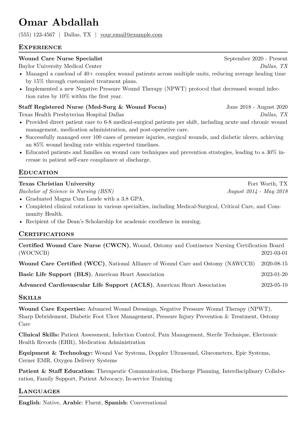 Wound Care Nurse Resume Example CV template - Page 1