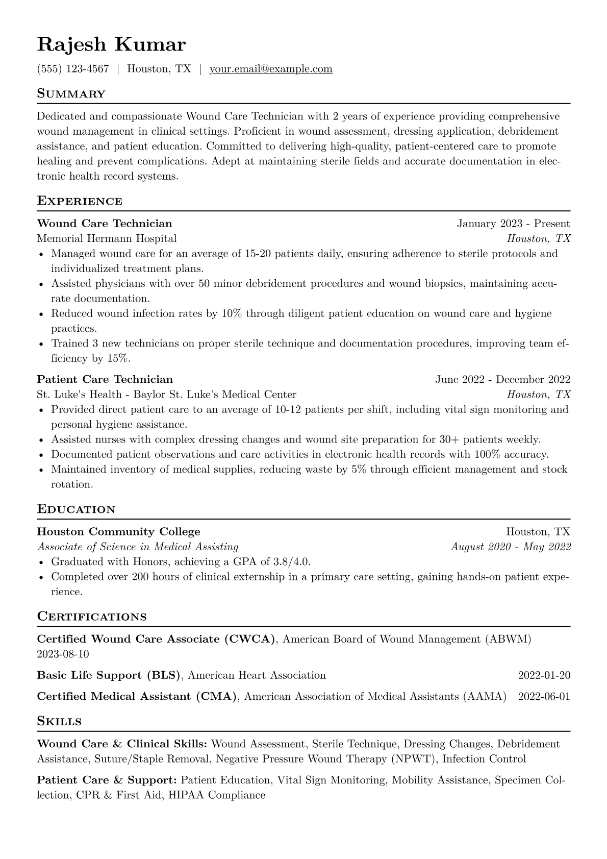 Wound Care Technician Resume Example CV template - Page 1