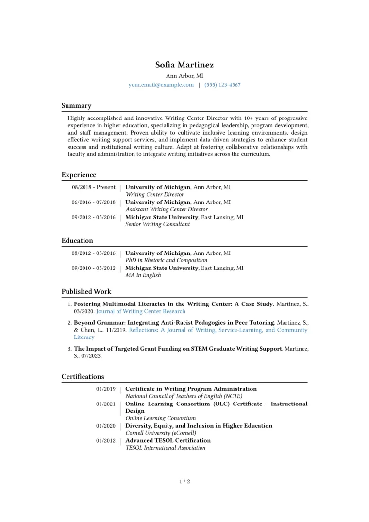 Writing Center Director Resume Example CV template preview