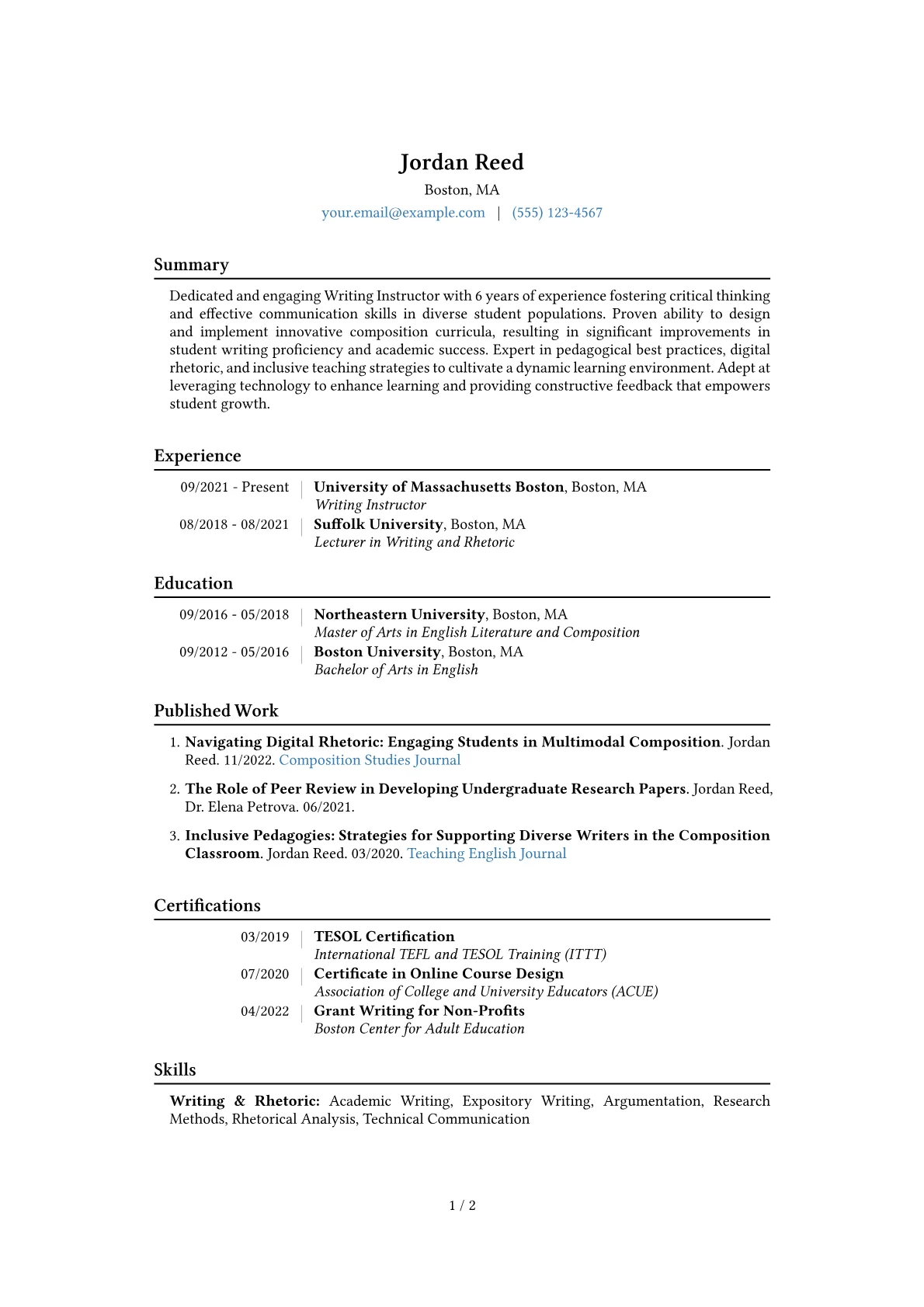 Writing Instructor Resume Example CV template - Page 1