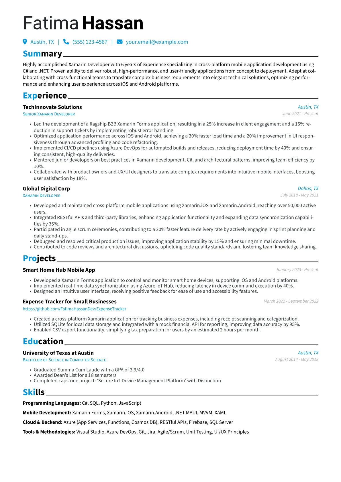 Xamarin Developer Resume Example CV template - Page 1