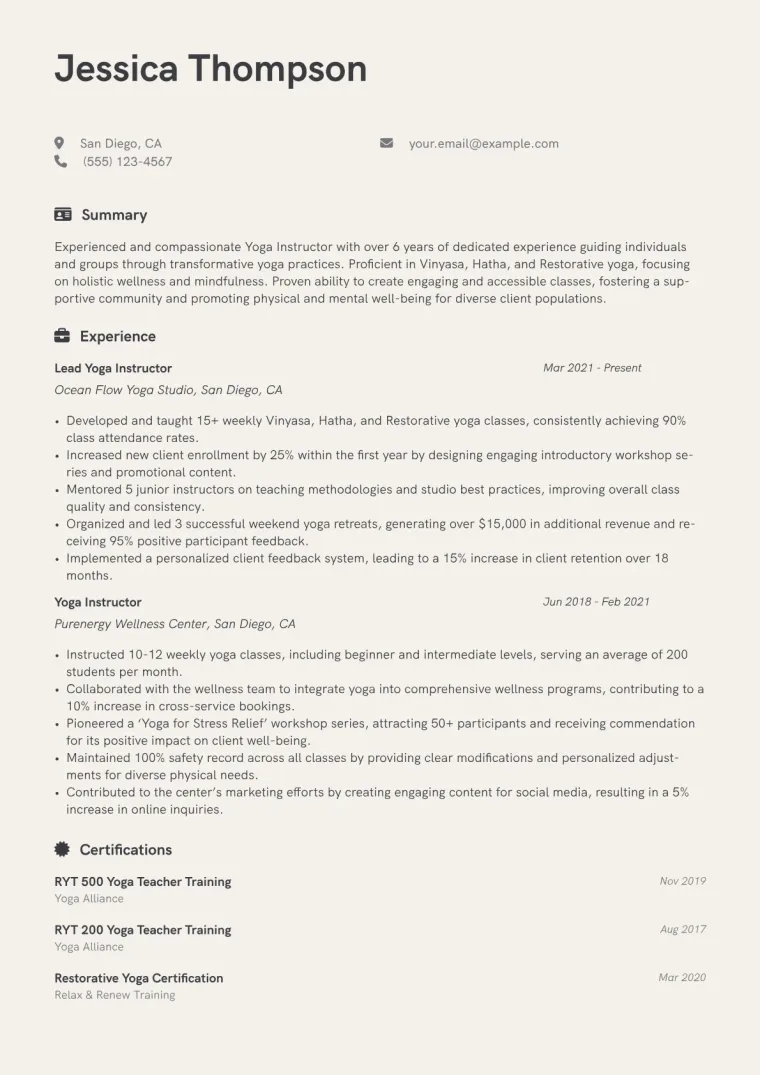 Yoga Instructor Resume Example