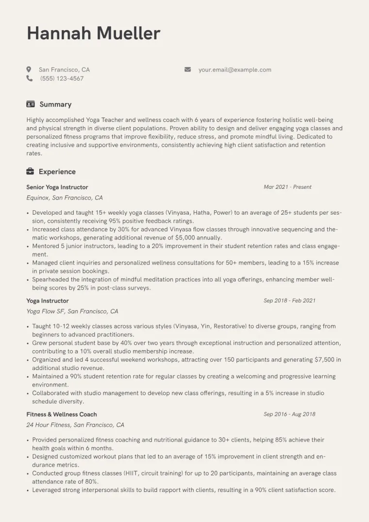 Yoga Teacher Resume Example CV template preview