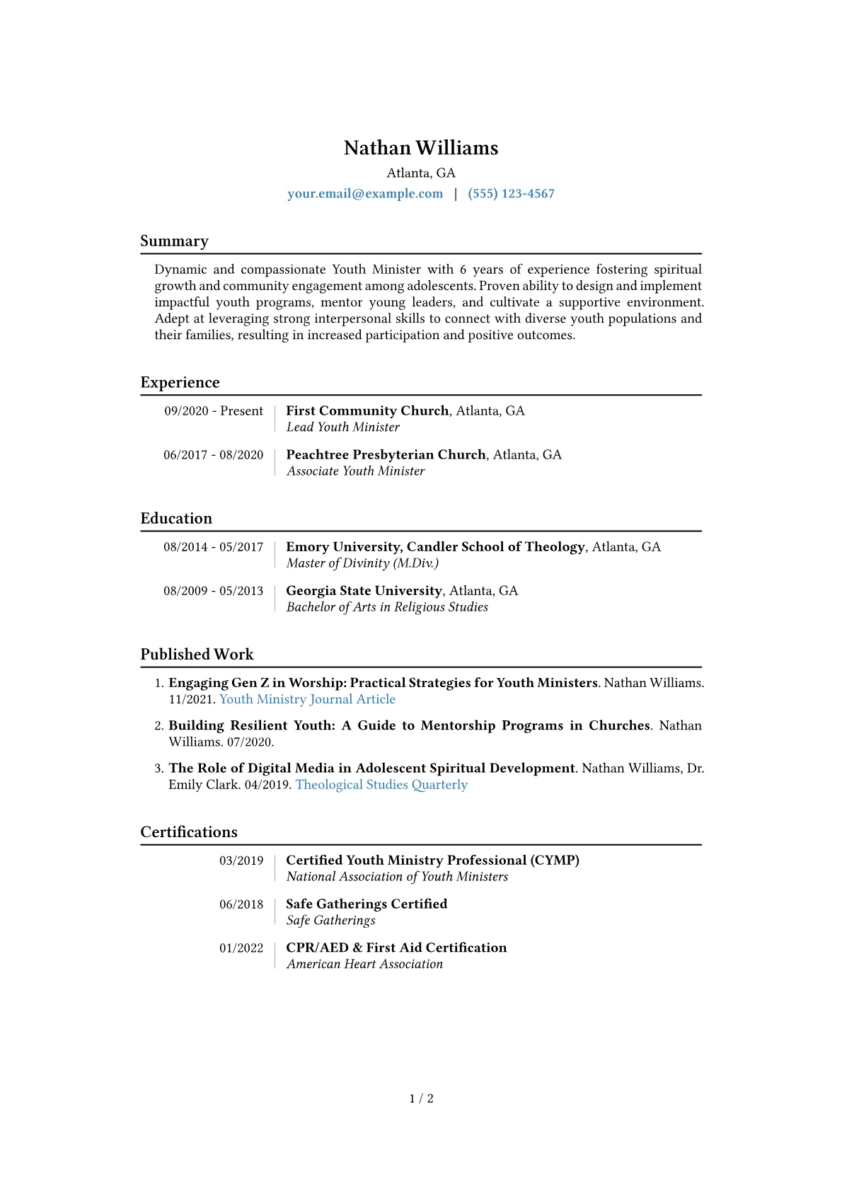 Youth Minister Resume Example CV template - Page 1