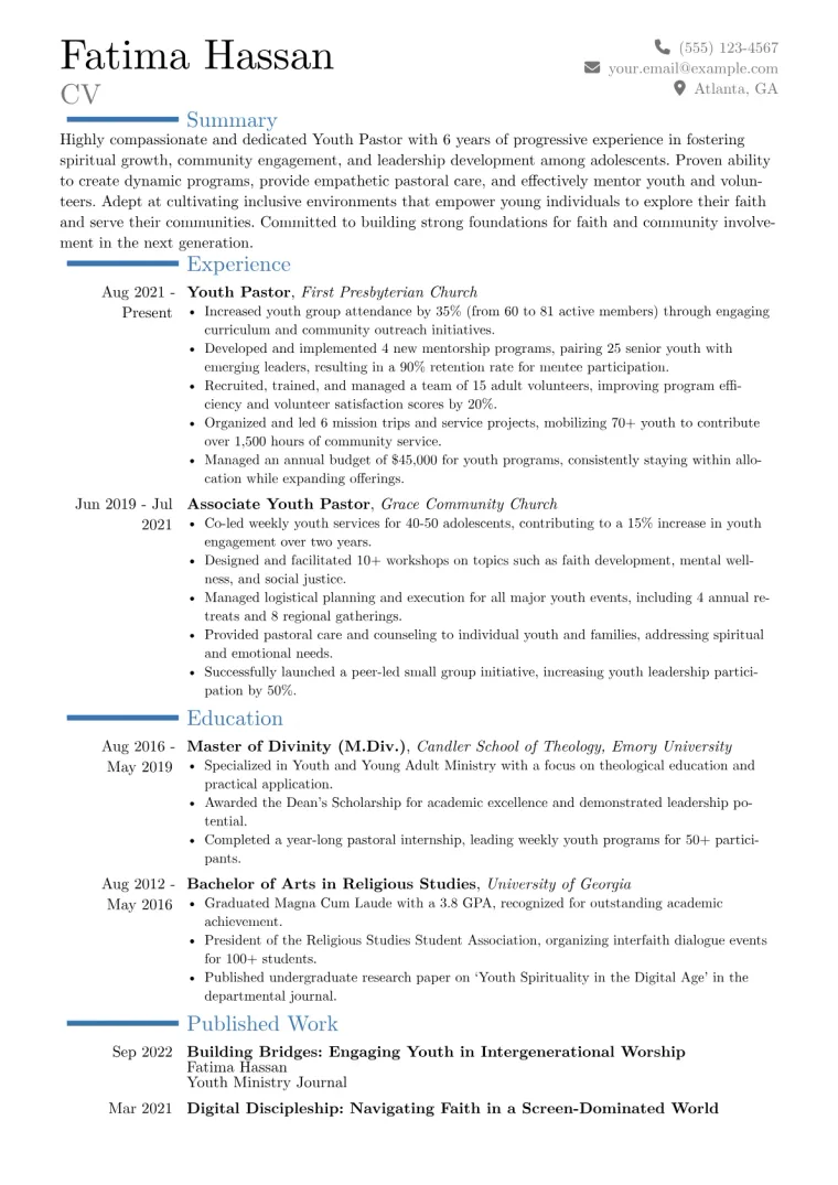Youth Pastor Resume Example CV template preview