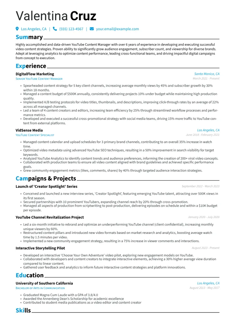 YouTube Content Manager Resume Example CV template preview