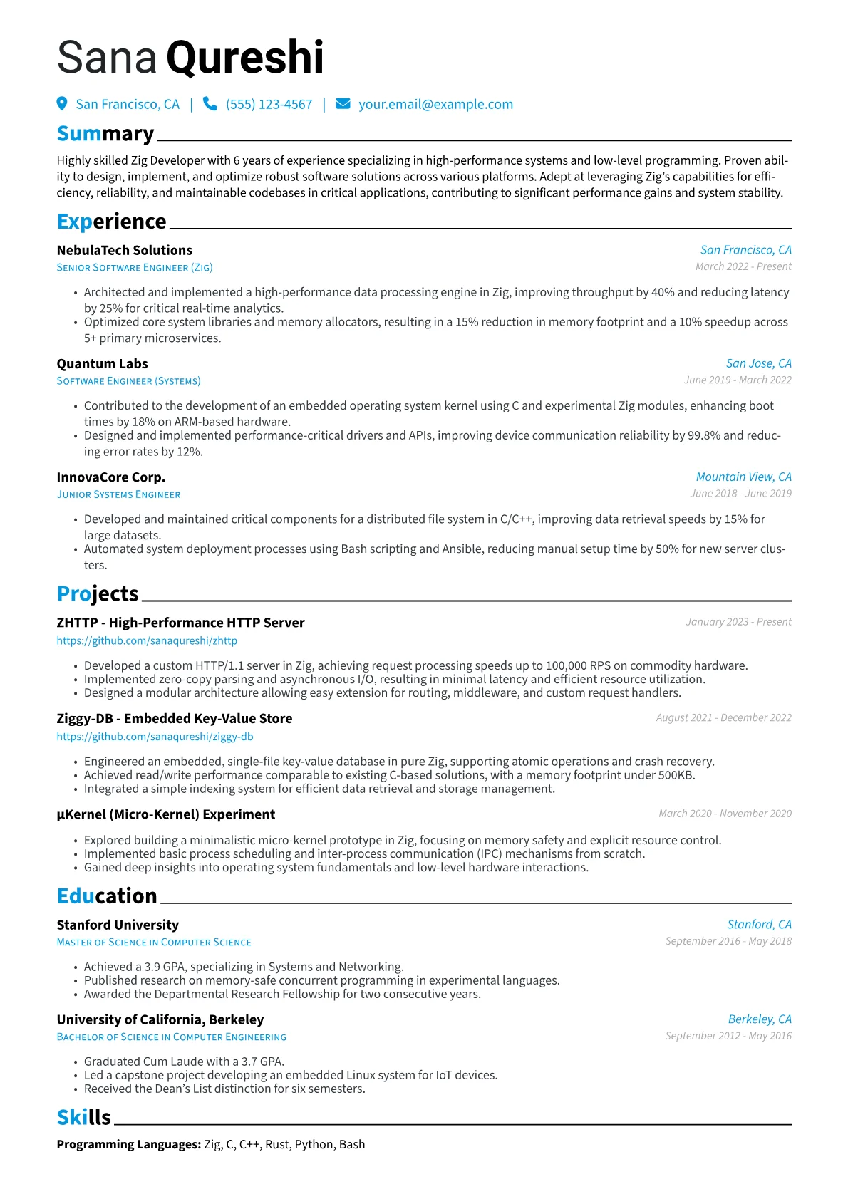 Zig Developer Resume Example CV template - Page 1